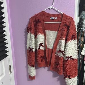 Mighty Fine Red and White Cardigan Sweater Chunky Knit